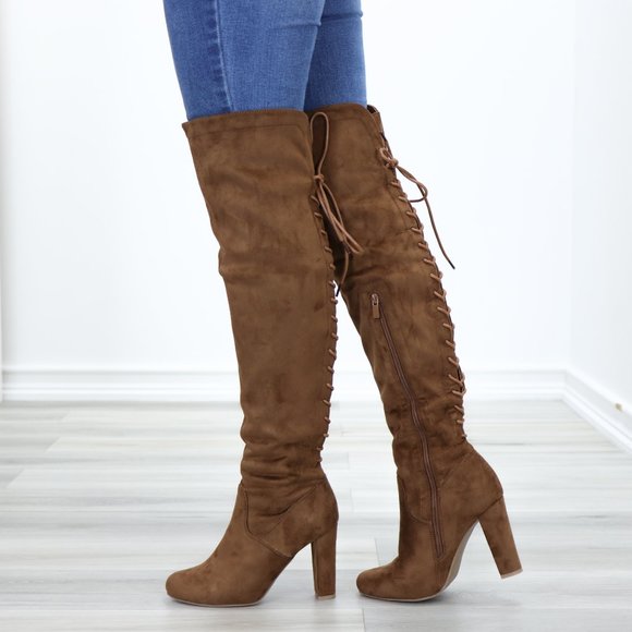 Suede Over The Knee Heeled Boots With Lace Up Back - Picture 2 of 14